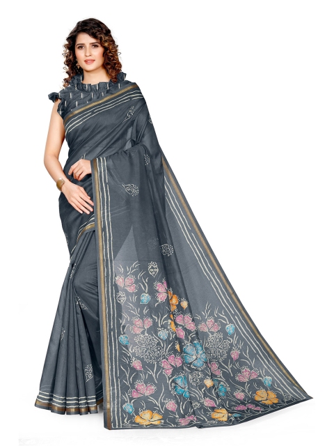 

KALINI Grey & Off White Floral Printed Zari Bagh Saree