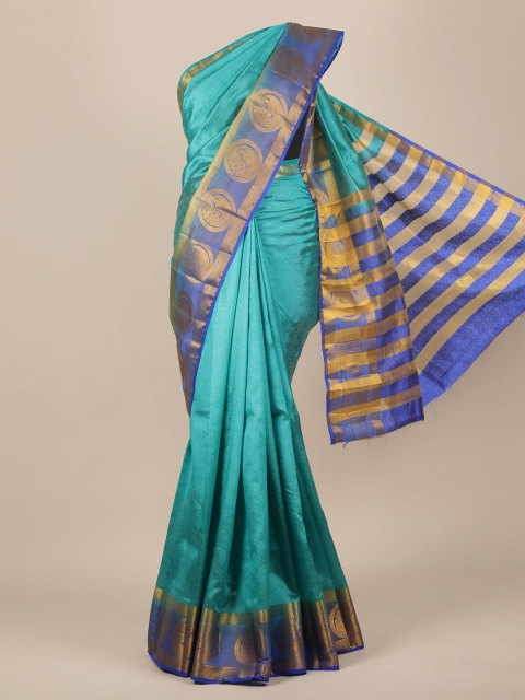 

Pothys Sea Green & Blue Ethnic Motifs Zari Jute Silk Saree