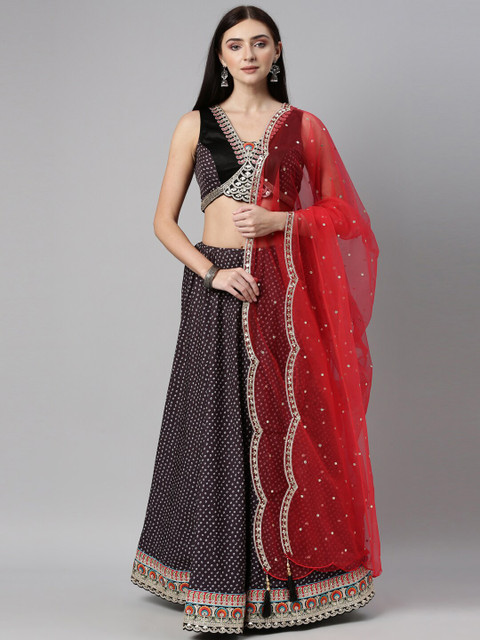 

panchhi Black & Red Embroidered Ready-to-wear Lehenga & Unstitched Blouse With Dupatta