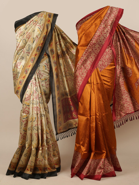 

Pothys Set of 2 Beige & Orange Paisley Jute Silk Sarees
