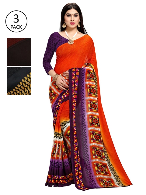 KALINI Pack Of 3 Multicoloured Printed Sarees, Orange
