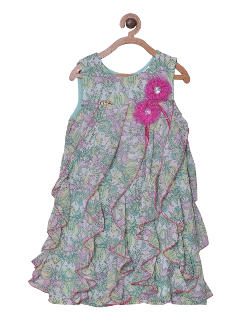 

612 league Girls Green Printed Georgette A-Line Dress