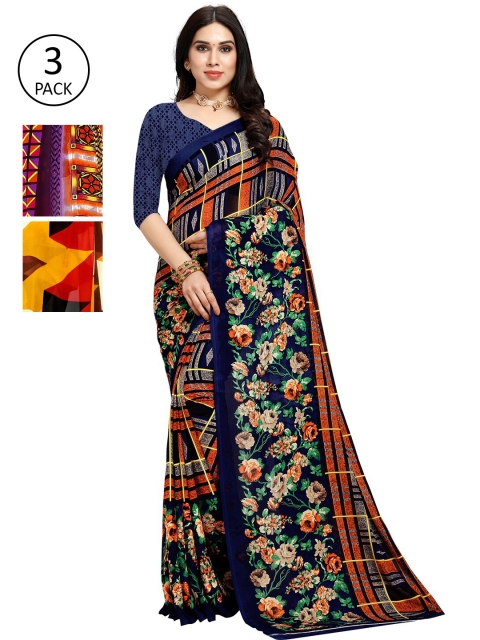 

KALINI Pack Of 3 Multicoloured Printed Sarees, Orange