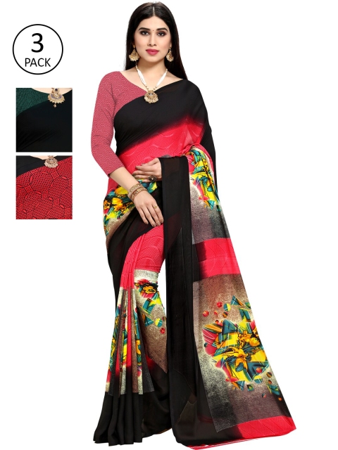 

KALINI Pack Of 3 Multicoloured Printed Sarees, Red