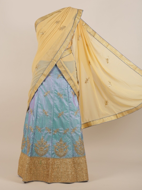 

Pothys Cream-Coloured & Blue Ethnic Motifs Half & Half Saree