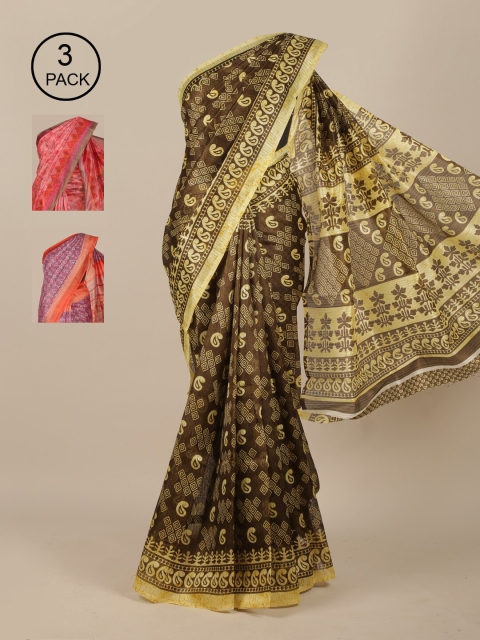 

Pothys Set of 3 Olive Green & Purple Ethnic Motifs Jute Silk Sarees