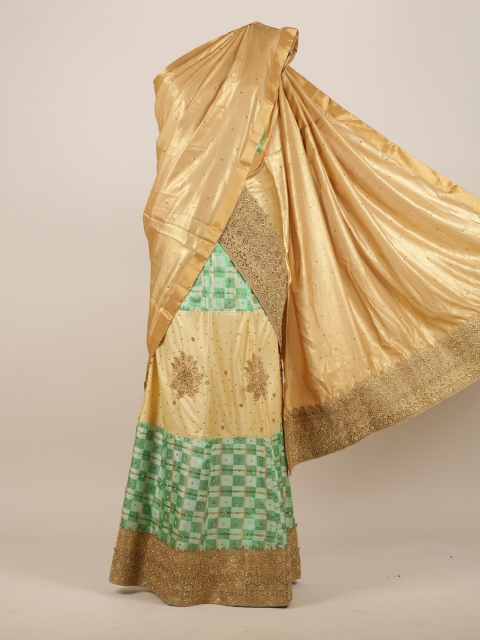 

Pothys Gold-Toned & Green Woven Design Satin Half Saree