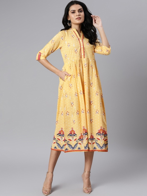 

QOMN Women Yellow Ethnic Motifs A-Line Midi Dress
