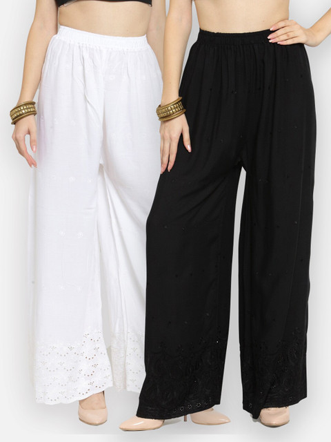 

Castle Women White & Black 2 Embroidered Flared Ethnic Palazzos