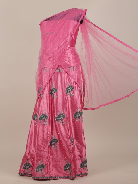 

Pothys Pink & Grey Embellished Floral Net Half Saree