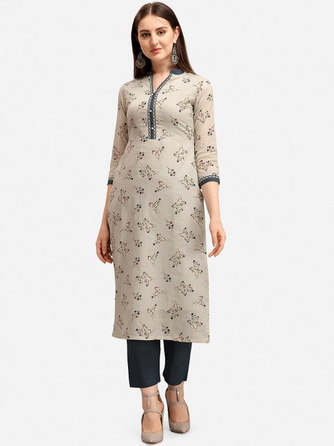 

Seerat Women Beige Floral Printed Pleated Pure Cotton Kurta with Trousers