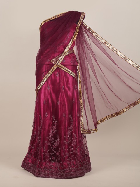 

Pothys Violet & Gold-Toned Floral Net Half and Half Saree