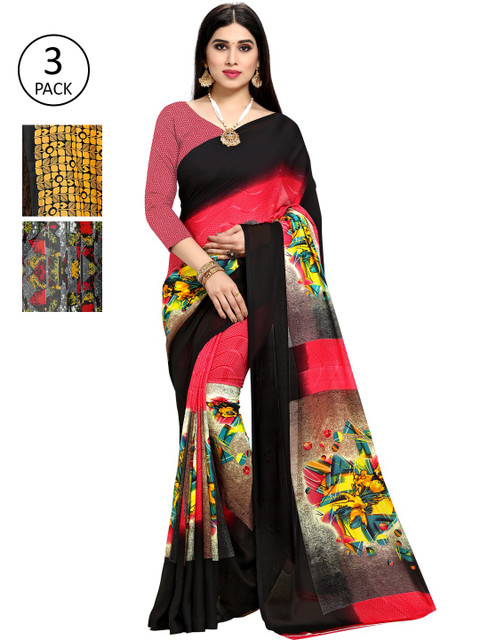 

KALINI Pack Of 3 Printed Sarees, Black