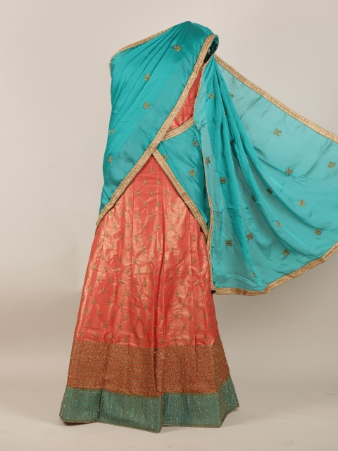 

Pothys Women Blue & Peach Embellished Half & Half Saree