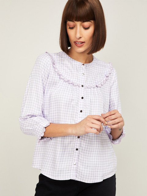 

Fame Forever by Lifestyle Women Purple Checked Mandarin Collar Shirt Style Top