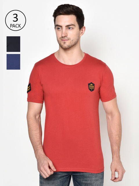 

ELEGANCE Men Pack Of 3 Solid Applique T-shirt, Red