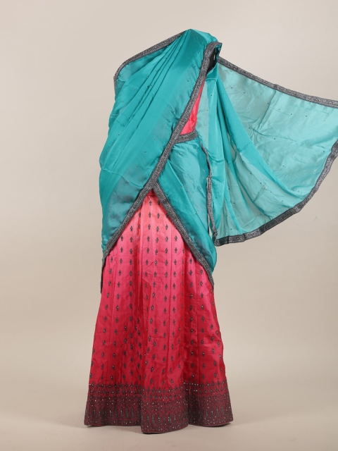 

Pothys Pink & Turquoise Blue Embellished Heavy Work Half Saree