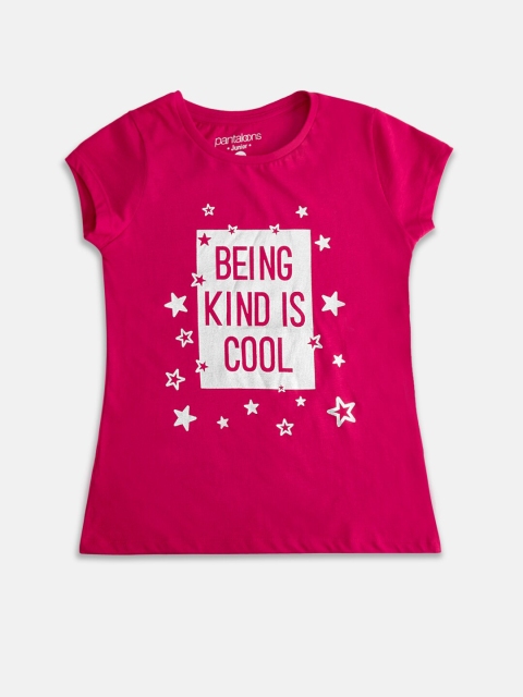 

Pantaloons Junior Girls Fuchsia Typography Printed Pure Cotton T-shirt