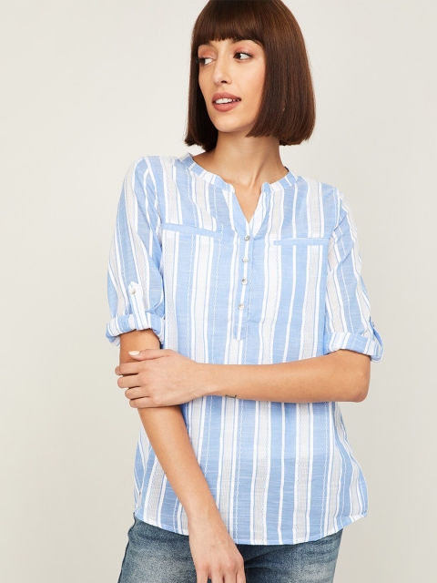 

Fame Forever by Lifestyle Women Blue & White Pure Cotton Shirt Style Top
