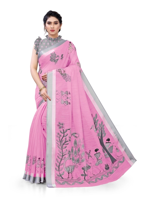 

KALINI Pink & Grey Ethnic Motifs Zari Baluchari Saree