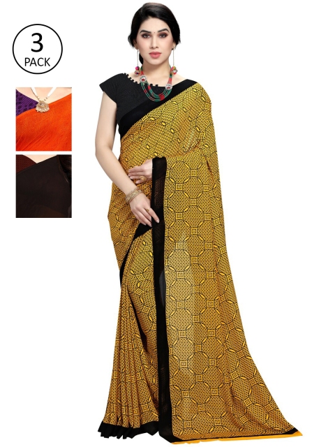 

KALINI Pack Of 3 Printed Sarees, Yellow