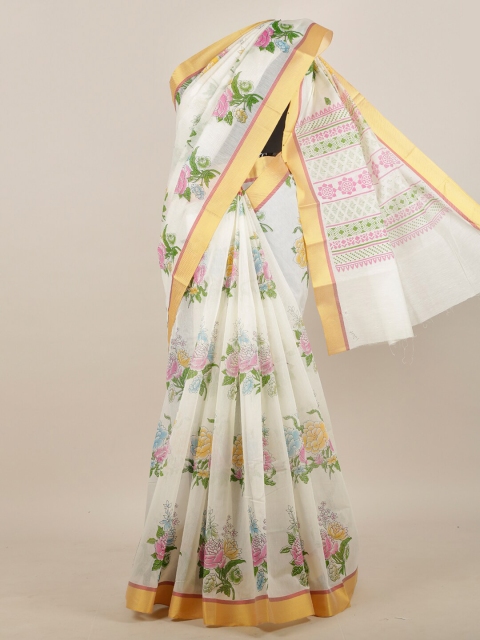 

Pothys White & Pink Floral Printed Zari Border Saree