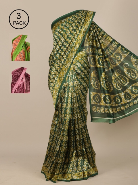 

Pothys Pack Of 3 Green & Orange & Brown Printed Jute Silk Saree
