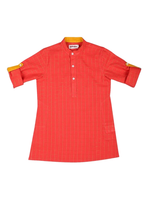 

Fabindia Boys Coral Red & Golden Checked Cotton Kurta