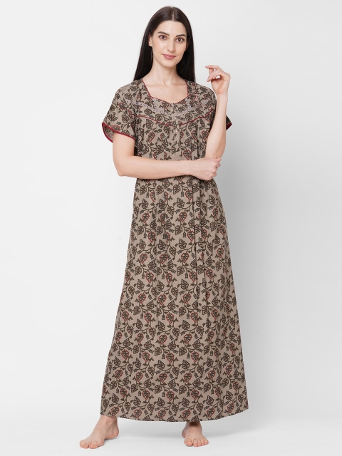 

Sweet Dreams Women Khaki Printed Cotton Maxi Nightdress