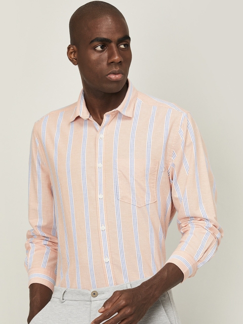 

CODE by Lifestyle Men Peach-Coloured & Blue Striped Regular Fit Cotton Casual Shirt