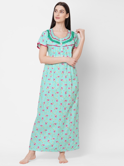 

Sweet Dreams Women Green Printed Cotton Maxi Nightdress