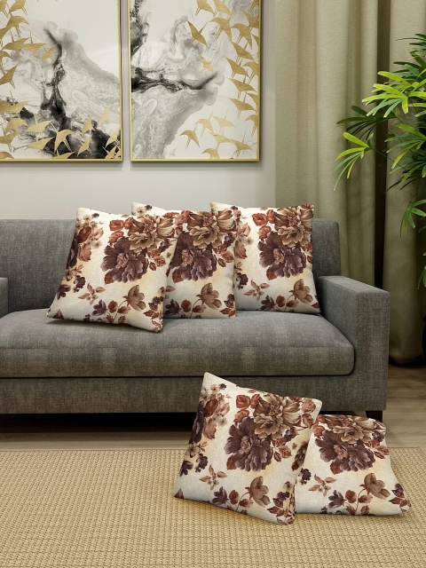 

KLOTTHE Cream-Coloured & Brown Set of 5 Floral Square Cushion Covers