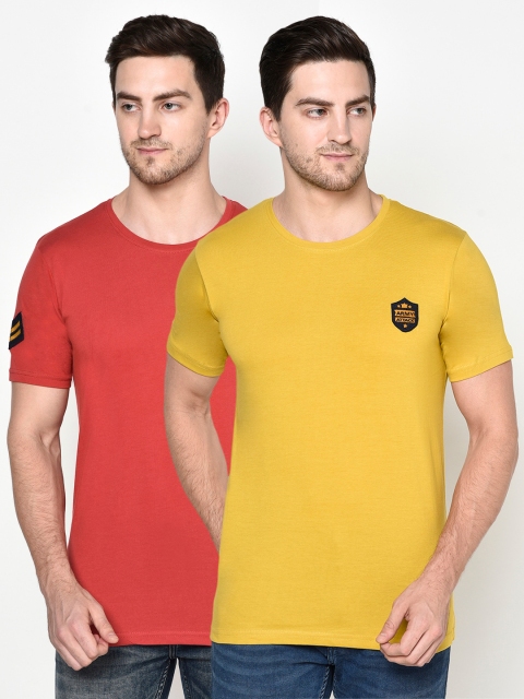 

ELEGANCE Men Set Of 2 Solid Applique T-shirt, Mustard