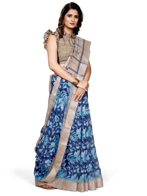 

KALINI Blue & Beige Floral Printed Zari Bagh Saree
