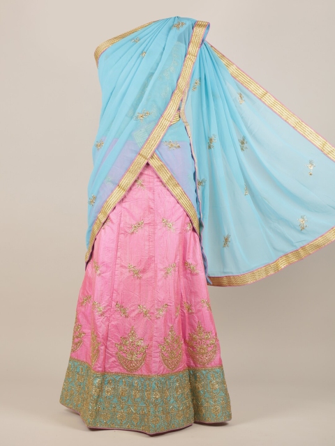 

Pothys Blue & Pink Ethnic Motifs Embroidered Half Saree