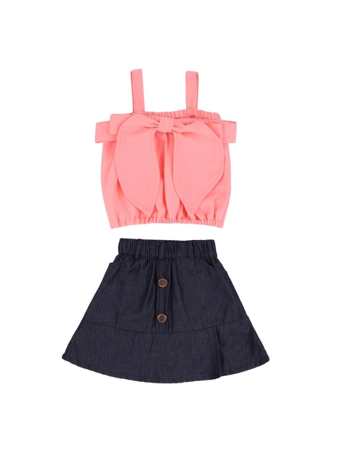 

oui Girls Pink & Navy Blue Crop Top with Denim Skirt