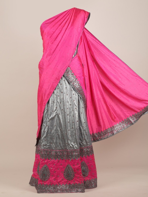 

Pothys Pink & Grey Embellished Jute Silk Half Saree