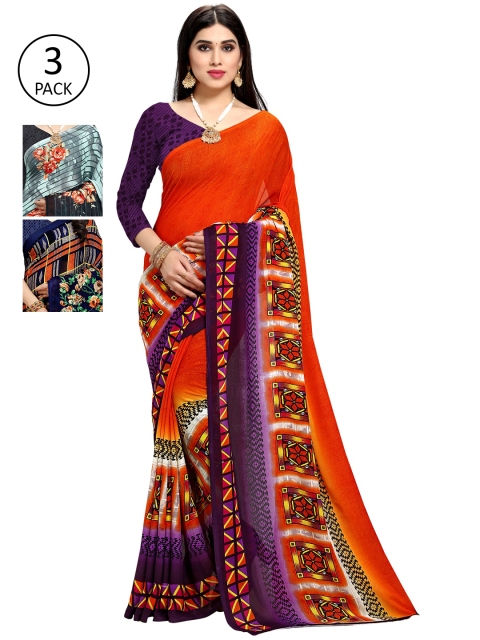 

KALINI Pack Of 3 Printed Sarees, Orange