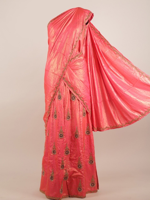 

Pothys Pink & Green Embellished Jute Silk Half & Half Saree