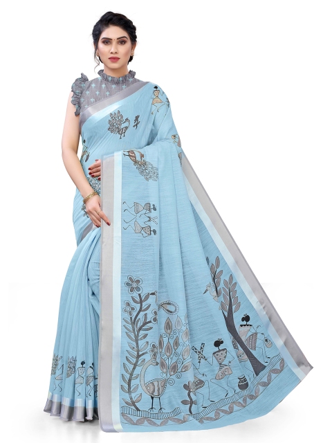 

KALINI Blue & Grey Printed Warli Saree