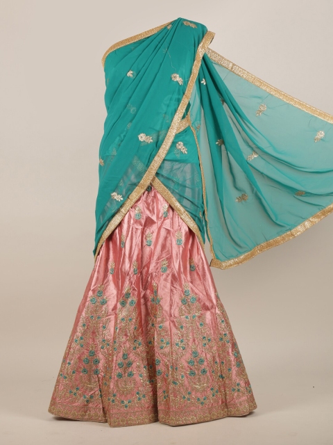

Pothys Pink & Turquoise Blue Floral Embroidered Lehenga Saree
