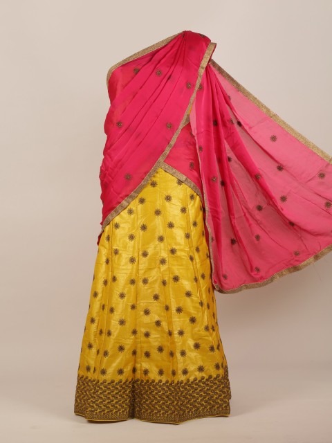 

Pothys Pink & Yellow Embroidered Jute Silk Half Saree