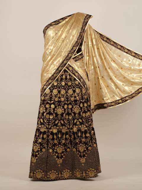 

Pothys Black & Gold-Toned Floral Beads and Stones Satin Heavy Work Half Saree