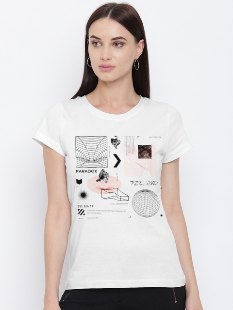 

THREADCURRY Women White Printed T-shirt