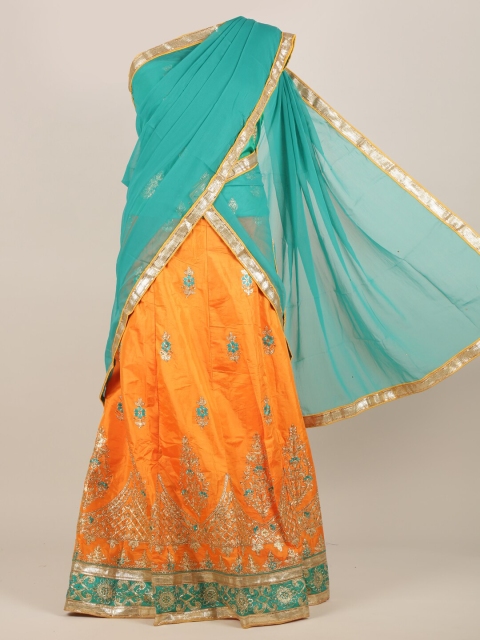 

Pothys Orange & Turquoise Blue Ethnic Motifs Half & Half Saree