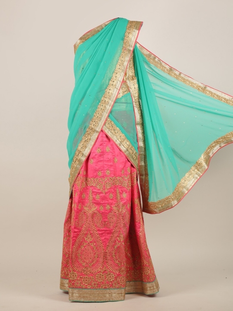 

Pothys Pink & Green Embroidered & Stoned Half Saree