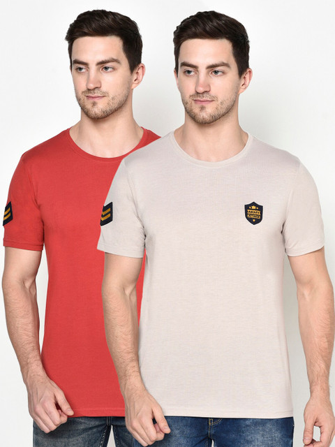 

ELEGANCE Men Set Of 2 Solid Applique T-shirt, Red
