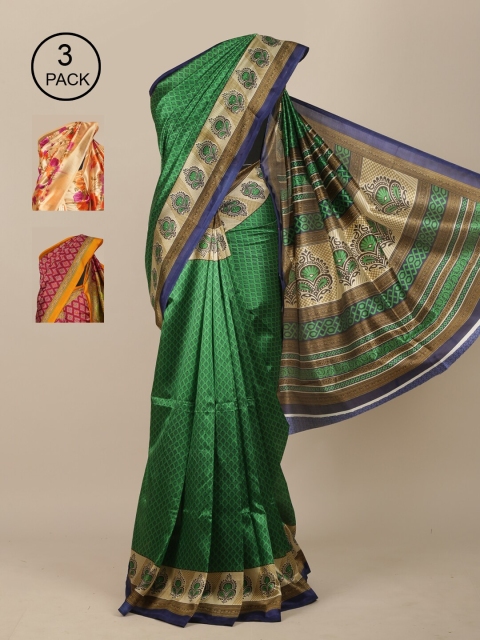 

Pothys Women Pack of 3 Multicolor Printed Jute Silk Saree, Green
