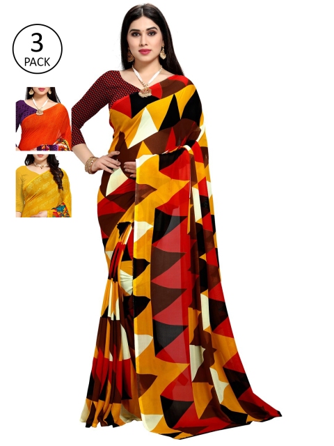 

KALINI Pack Of 3 Multicoloured Printed Sarees, Yellow