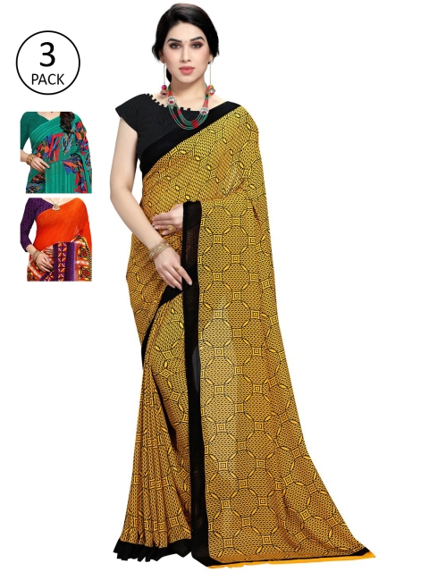 

KALINI Pack Of 3 Multicoloured Printed Sarees, Orange